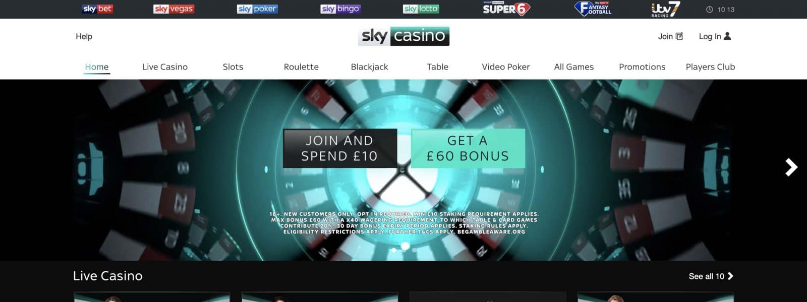 Sky Casino Review Wager £10, Recieve £60 Bonus