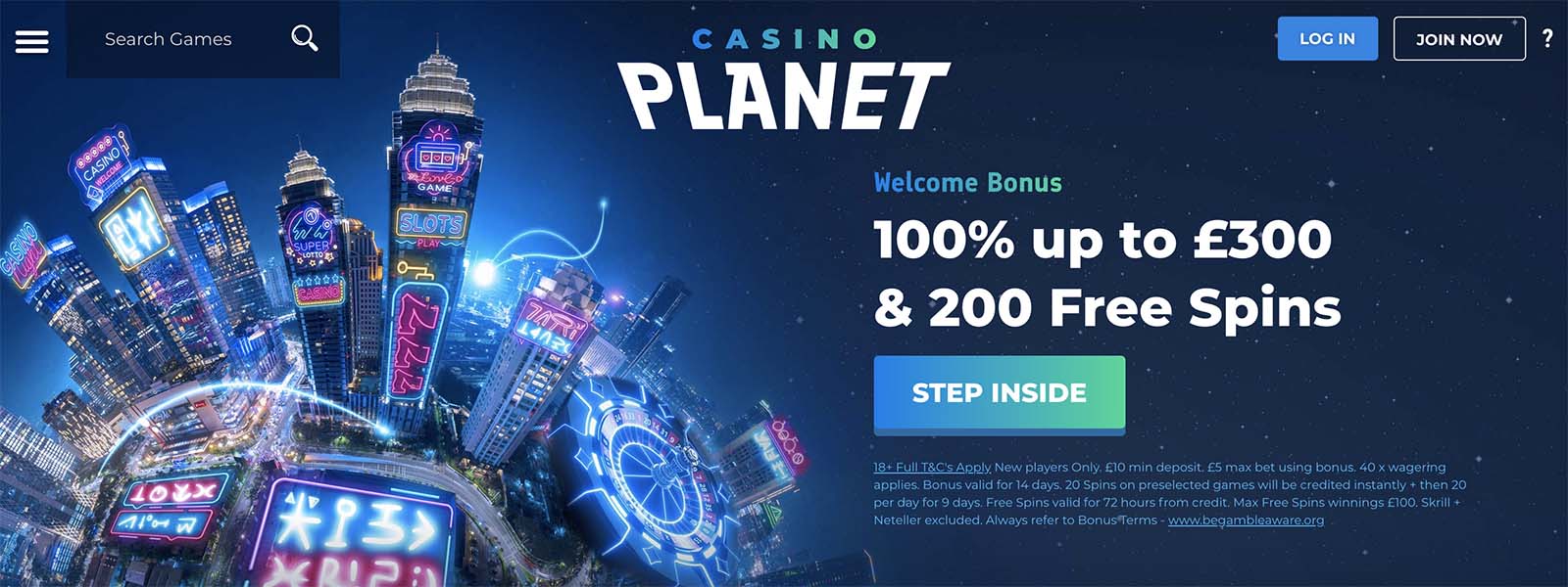 Homepage of Casino Planet